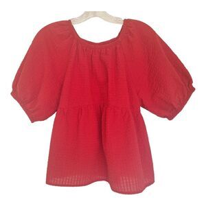 RED Puff-Sleeve Seersucker Babydoll Swing Blouse size M Old Navy Sanguine Top